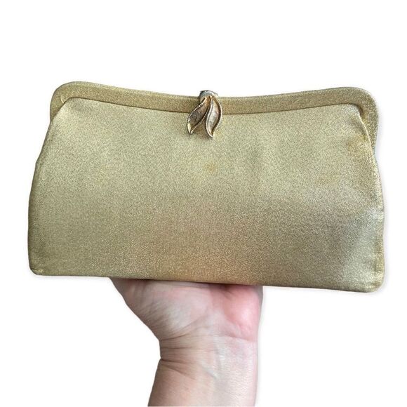 Handbags - Vintage Gold Metallic Hinged Leaf Clutch Purse
